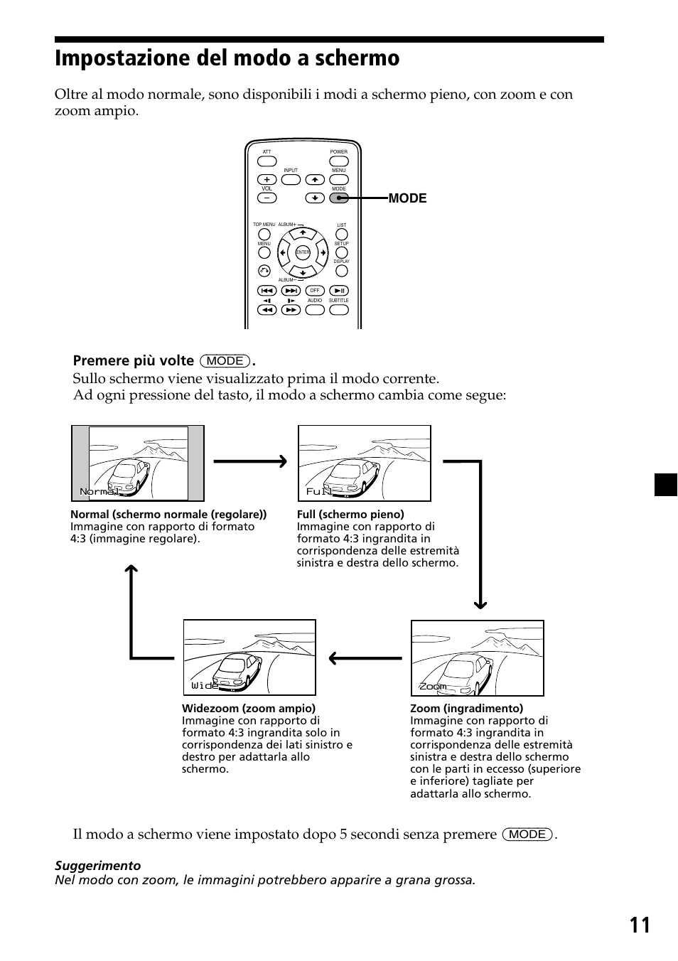 Impostazione del modo a schermo, Mode | Sony XVM-R70 User Manual | Page 71 / 104