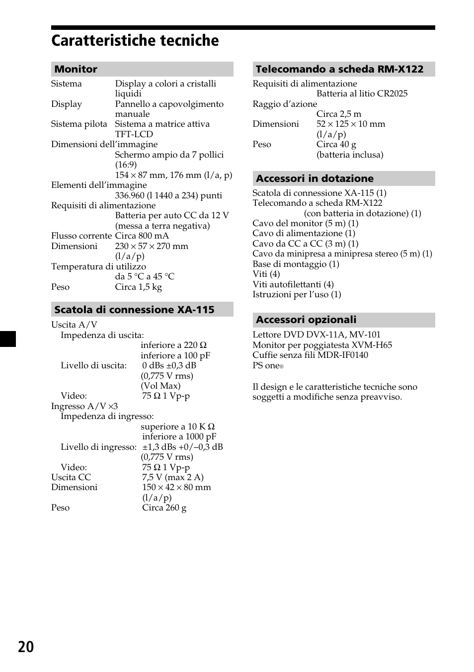 Caratteristiche tecniche, 20 caratteristiche tecniche | Sony XVM-R70 User Manual | Page 80 / 104