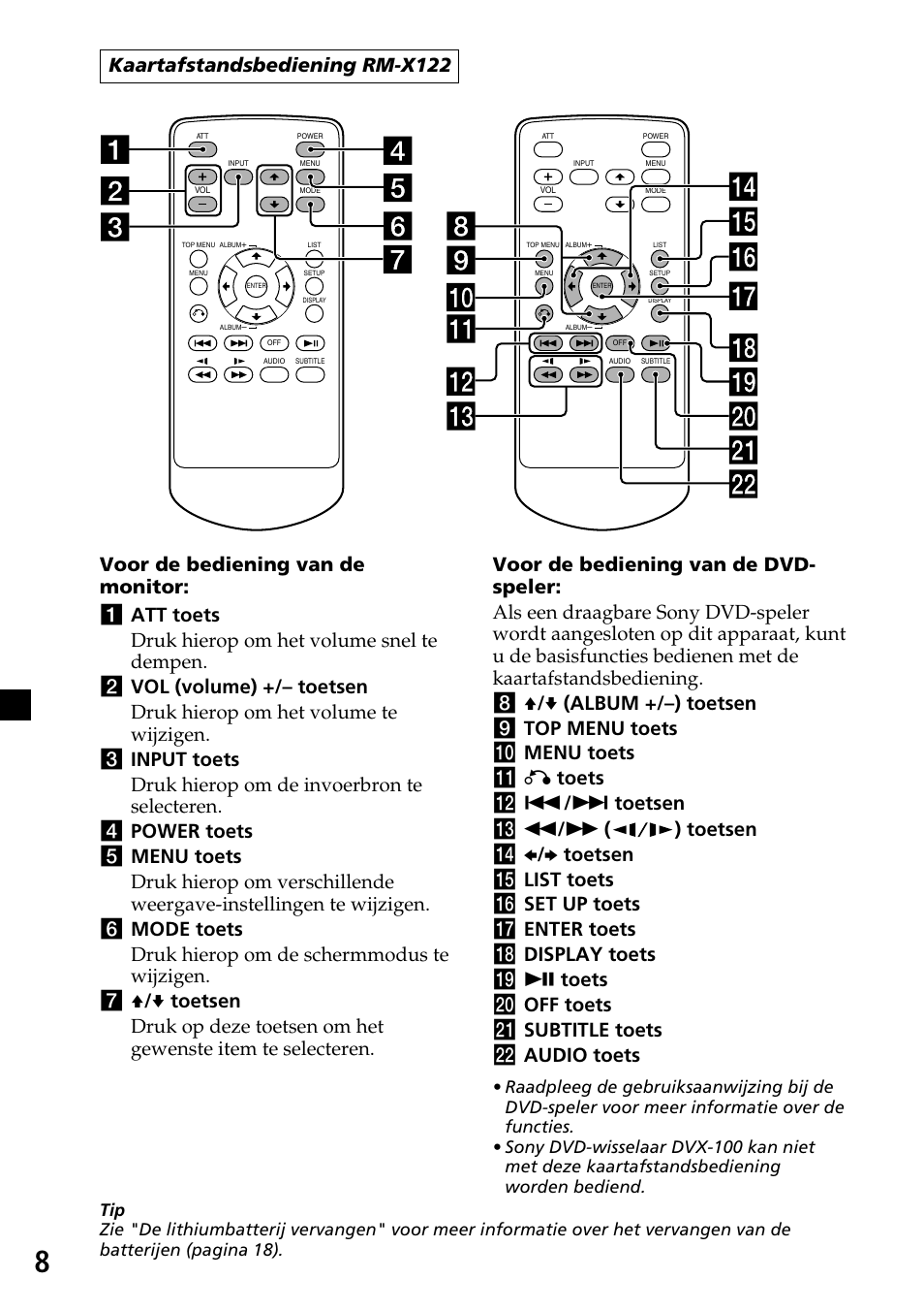 Kaartafstandsbediening rm-x122 | Sony XVM-R70 User Manual | Page 88 / 104