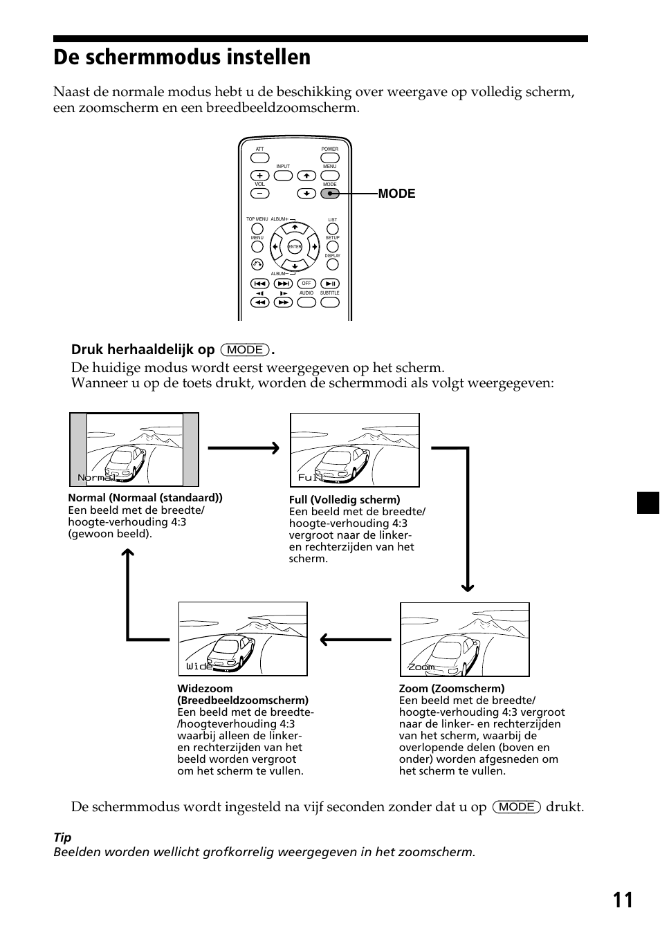 De schermmodus instellen, Mode | Sony XVM-R70 User Manual | Page 91 / 104