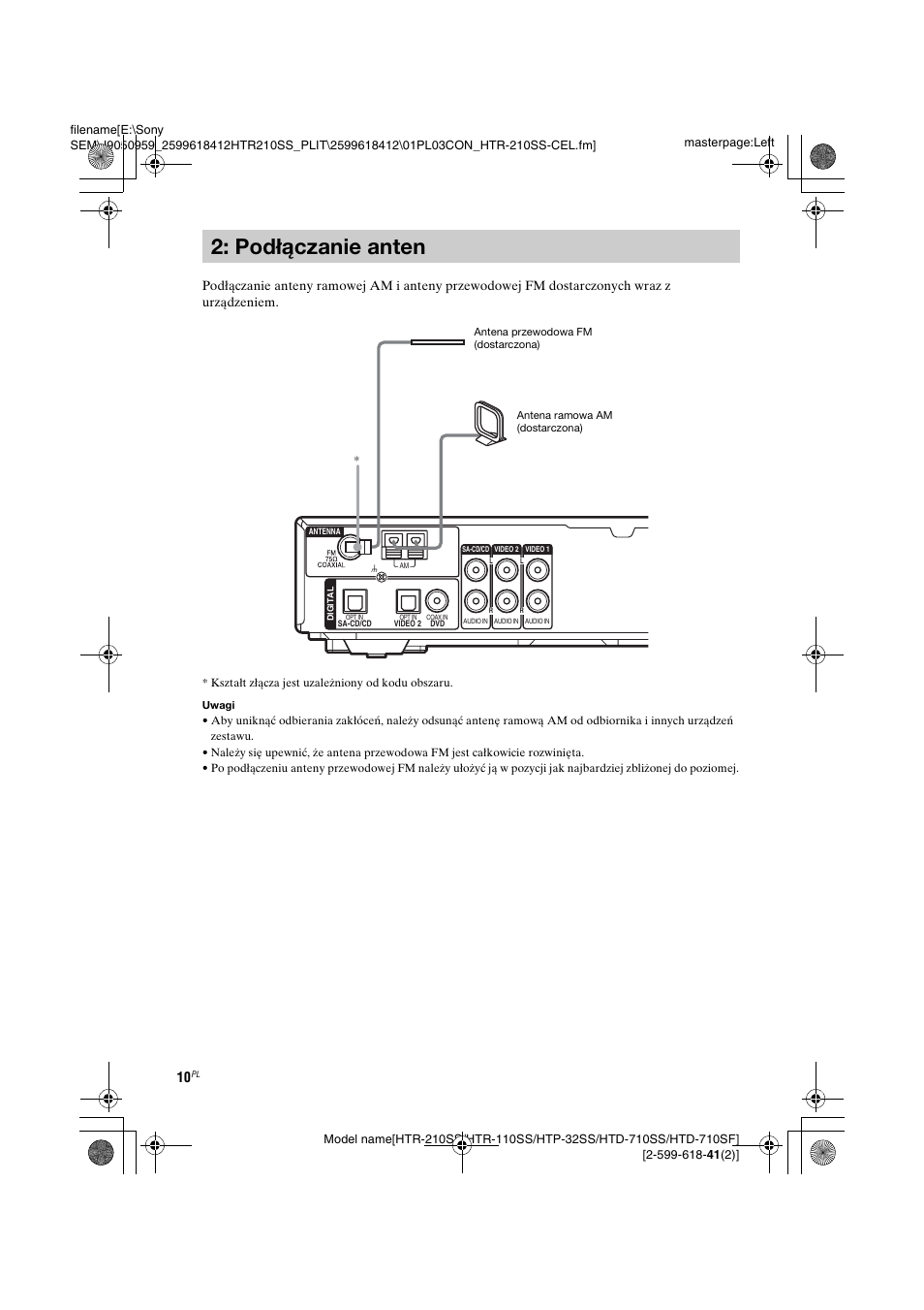 Podłączanie anten | Sony HTD-710SF User Manual | Page 10 / 92