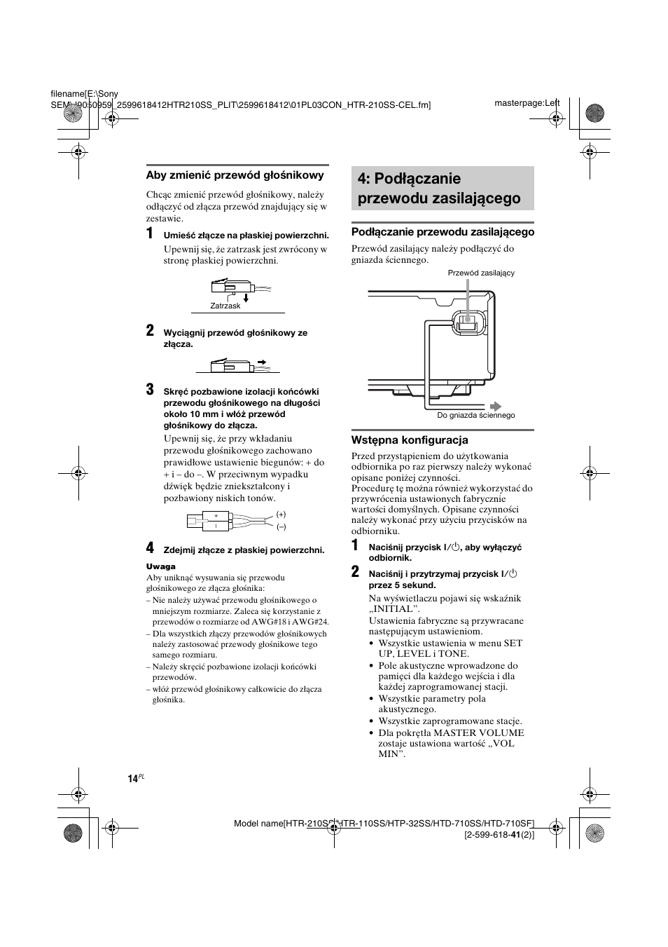 Podłączanie przewodu zasilającego, Podłączanie przewodu, Zasilającego | Sony HTD-710SF User Manual | Page 14 / 92