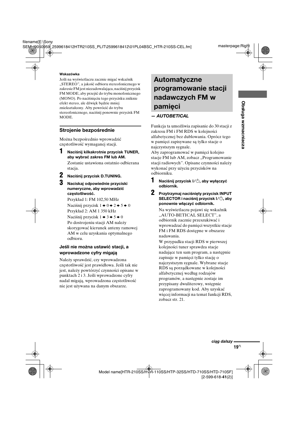Autobetical, Automatyczne programowanie, Stacji nadawczych fm w pamięci — autobetical | Sony HTD-710SF User Manual | Page 19 / 92