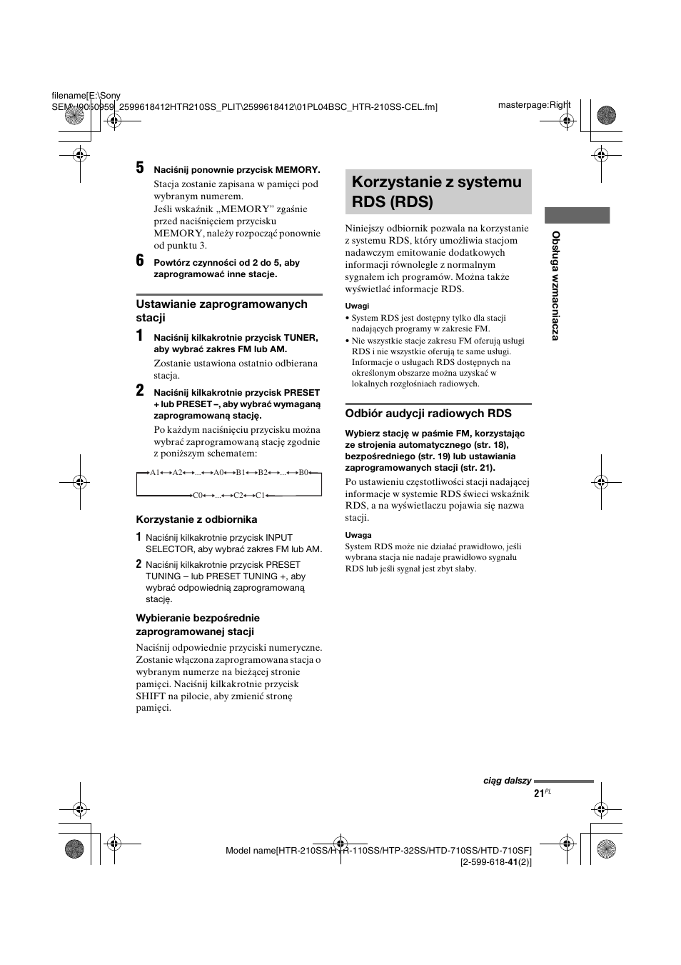 Korzystanie z systemu rds (rds), Korzystanie z systemu rds, Rds) | Zobacz „ustawianie zaprogramowanych stacji | Sony HTD-710SF User Manual | Page 21 / 92