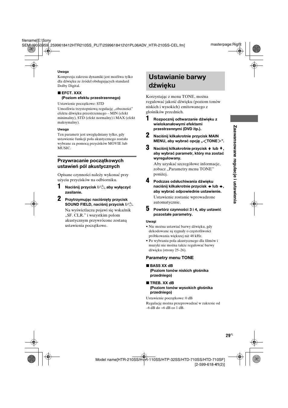 Ustawianie barwy dźwięku | Sony HTD-710SF User Manual | Page 29 / 92