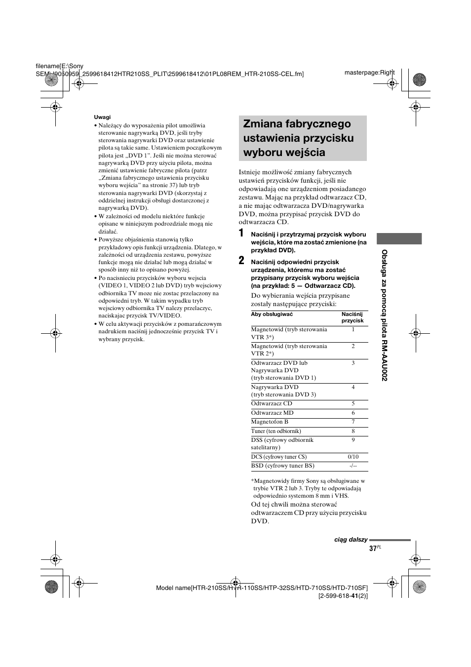 Zmiana fabrycznego ustawienia, Przycisku wyboru wejścia | Sony HTD-710SF User Manual | Page 37 / 92