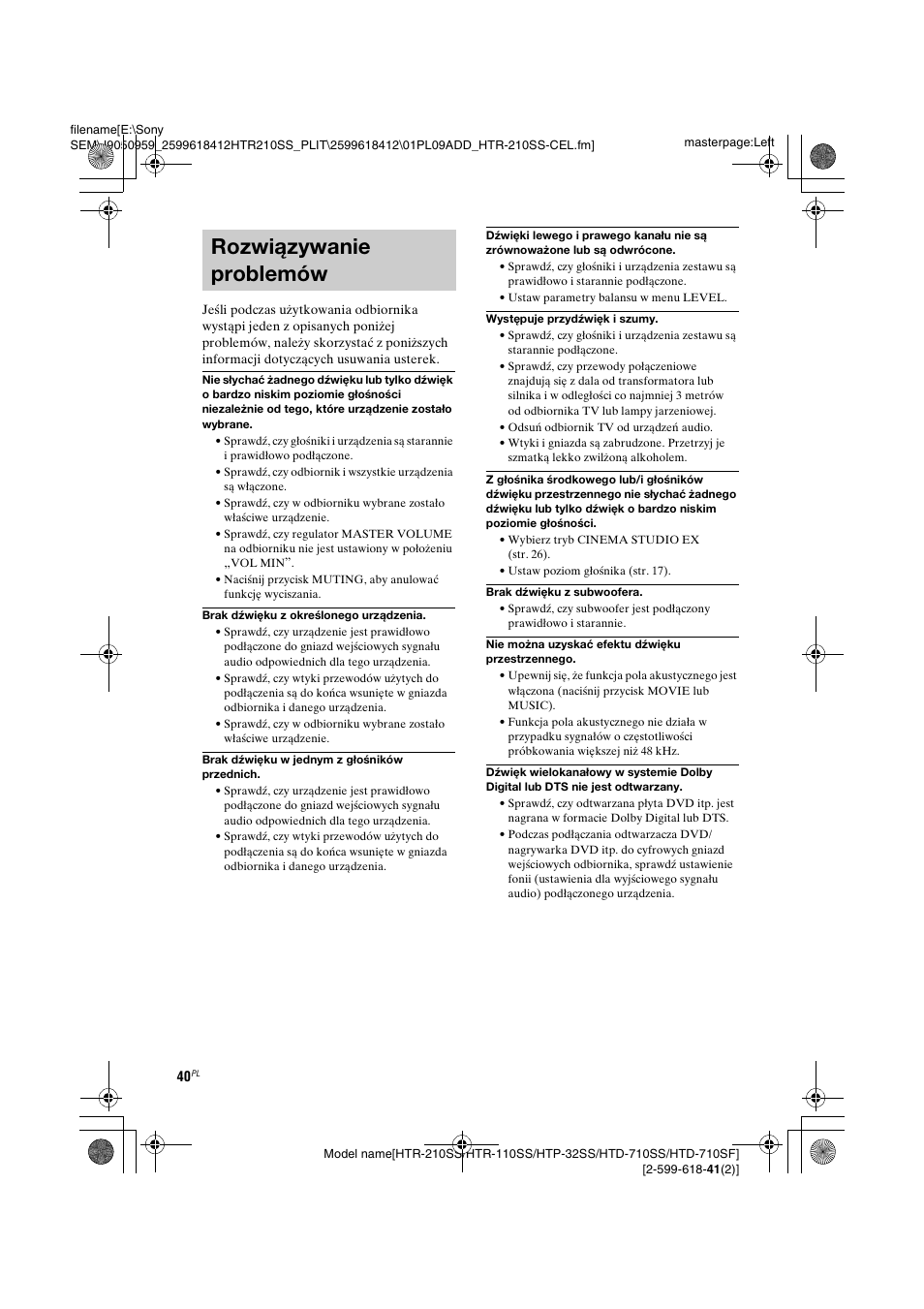 Rozwiązywanie problemów | Sony HTD-710SF User Manual | Page 40 / 92
