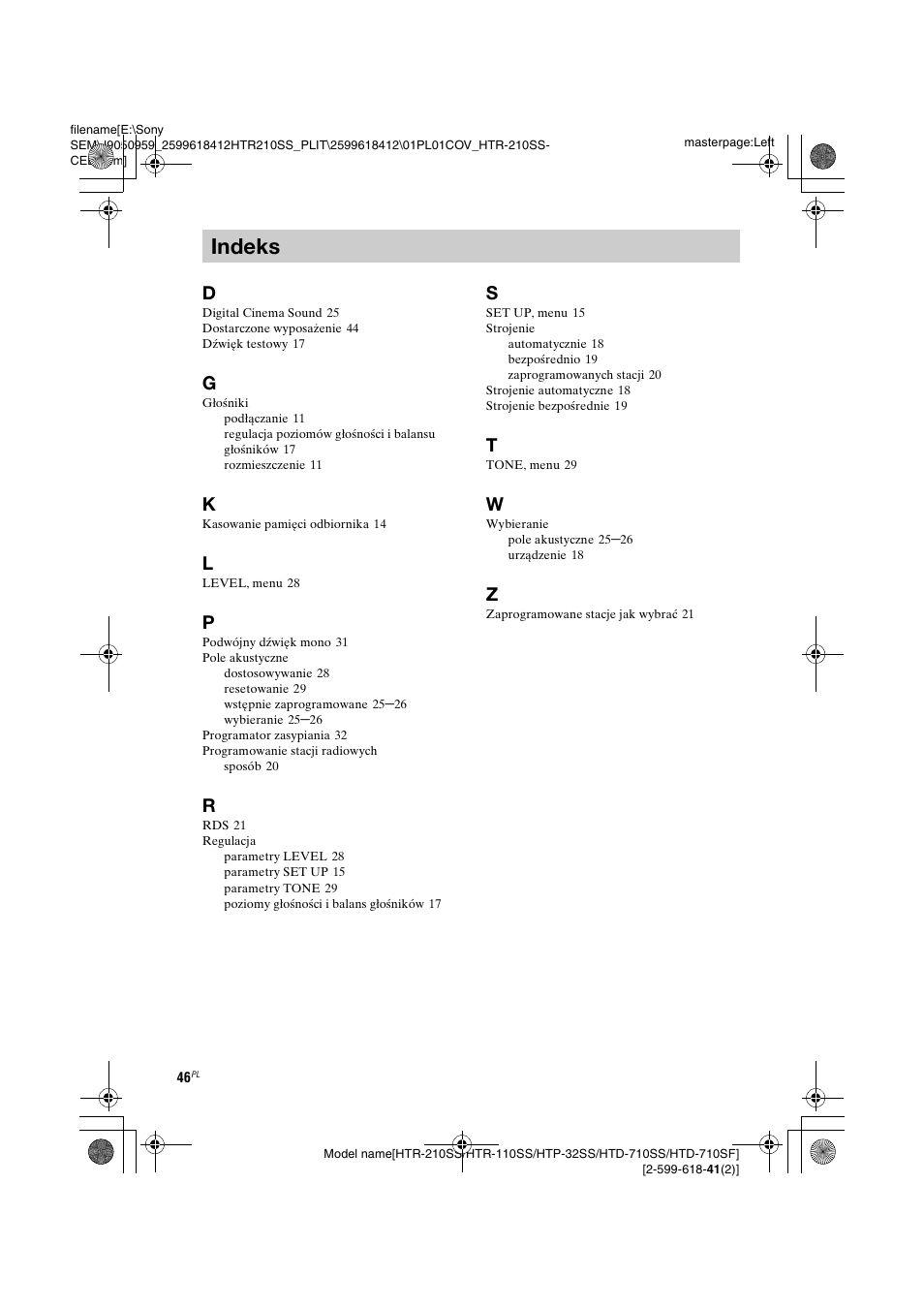 Indeks | Sony HTD-710SF User Manual | Page 46 / 92