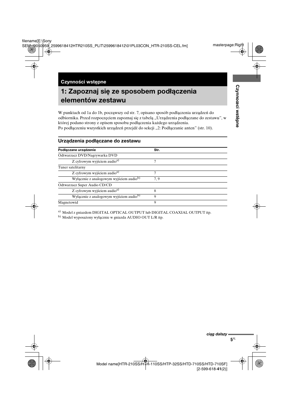 Czynności wstępne, Zapoznaj się ze sposobem, Podłączenia elementów zestawu | Sony HTD-710SF User Manual | Page 5 / 92