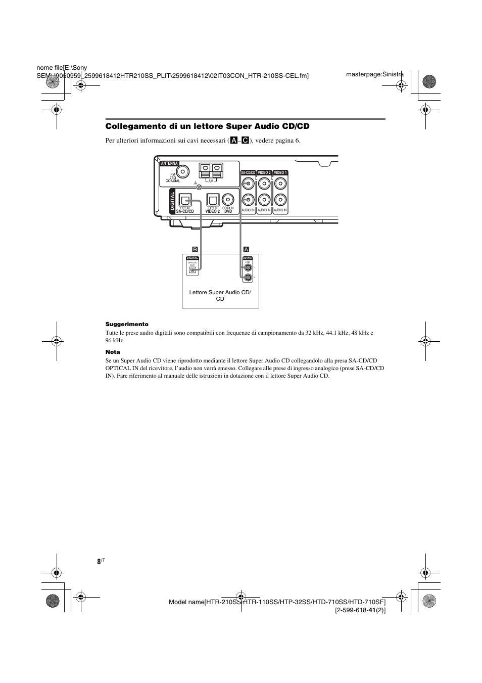 Collegamento di un lettore super audio cd/cd, Per ulteriori informazioni sui cavi necessari ( a, C), vedere pagina 6 | Sony HTD-710SF User Manual | Page 54 / 92