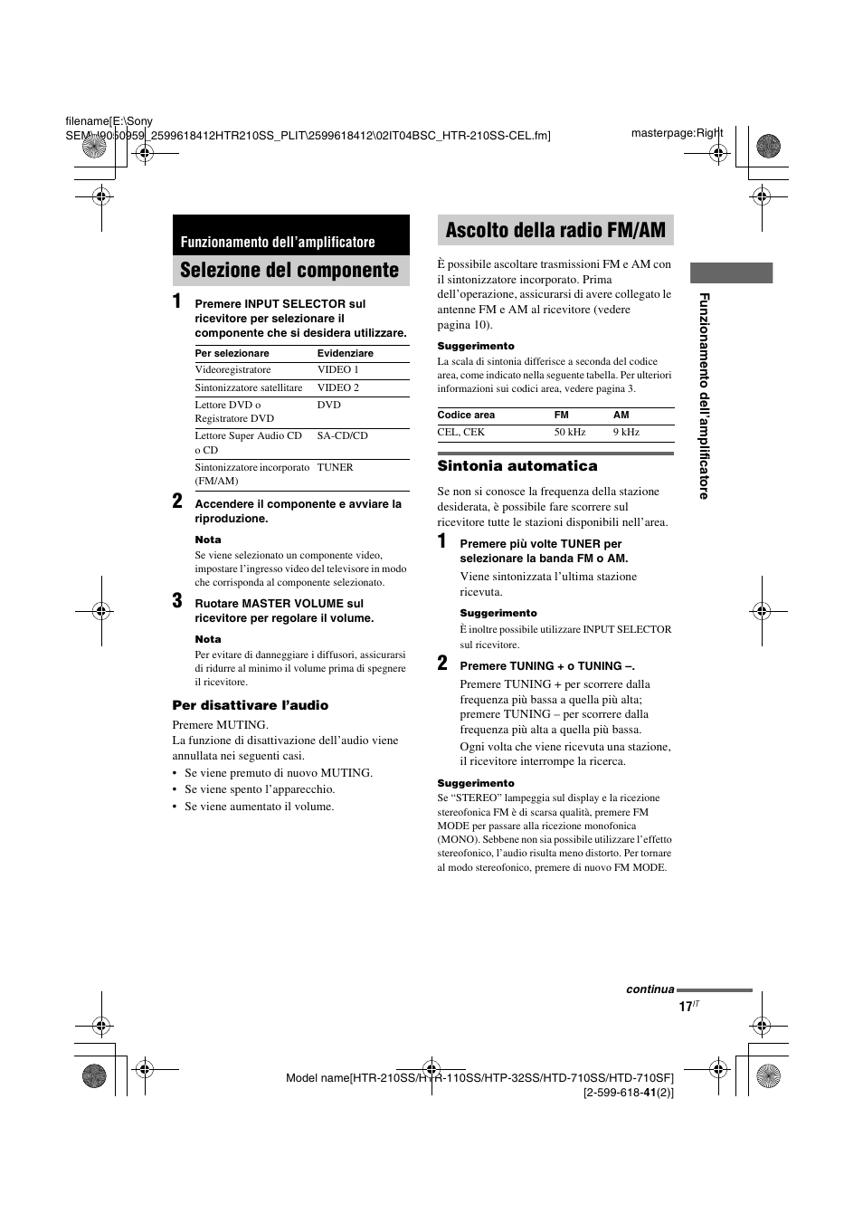 Funzionamento dell’amplificatore, Selezione del componente, Ascolto della radio fm/am | Selezione del componente ascolto della radio fm/am | Sony HTD-710SF User Manual | Page 63 / 92