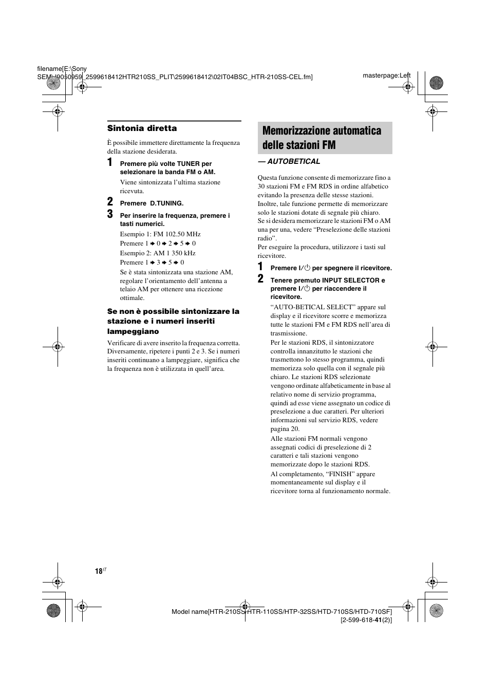 Memorizzazione automatica delle stazioni fm, Autobetical, Memorizzazione automatica delle | Stazioni fm — autobetical | Sony HTD-710SF User Manual | Page 64 / 92