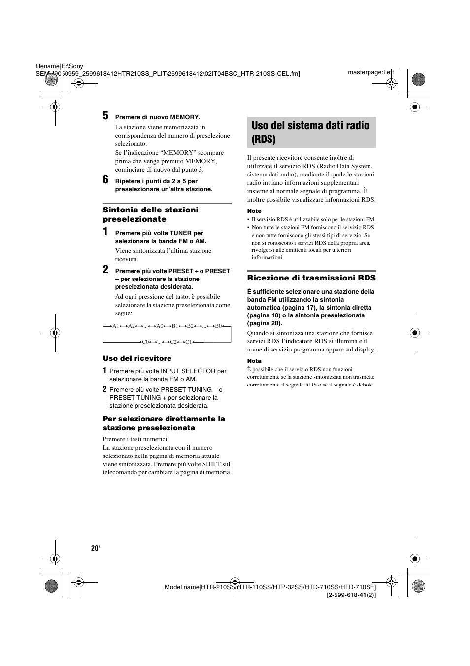 Uso del sistema dati radio (rds), Vedere “sintonia delle stazioni preselezionate, 5 pr | Sony HTD-710SF User Manual | Page 66 / 92