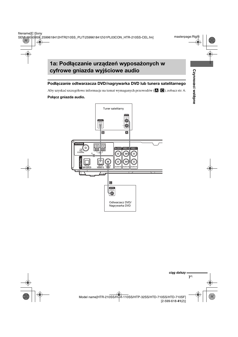 1a: podłączanie urządzeń, Wyposażonych w cyfrowe gniazda wyjściowe audio, Połącz gniazda audio | C), zobacz str. 6 | Sony HTD-710SF User Manual | Page 7 / 92