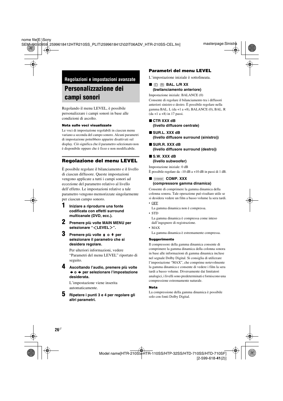 Regolazioni e impostazioni avanzate, Personalizzazione dei campi sonori | Sony HTD-710SF User Manual | Page 72 / 92
