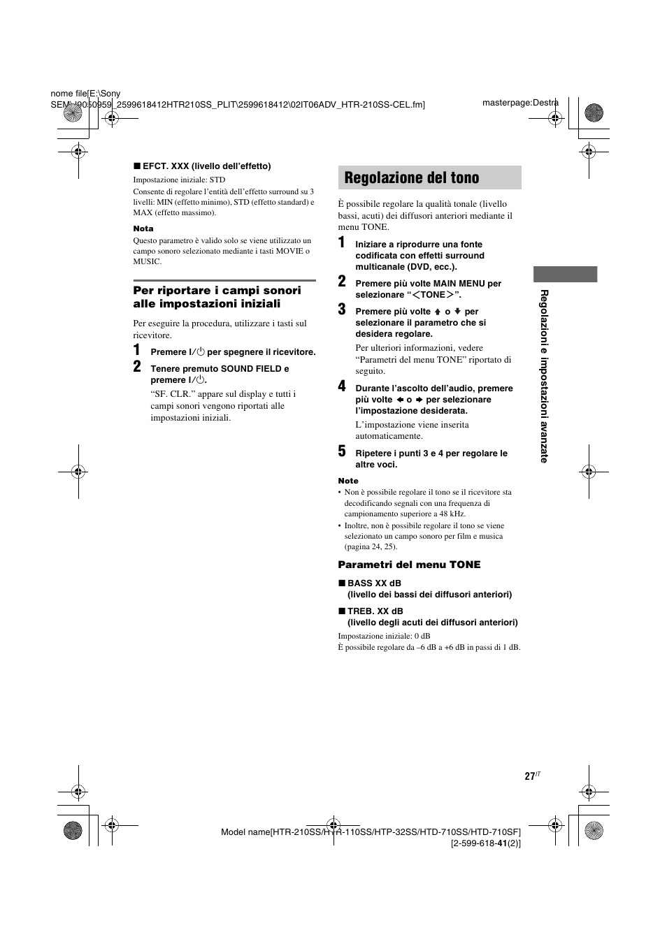 Regolazione del tono | Sony HTD-710SF User Manual | Page 73 / 92