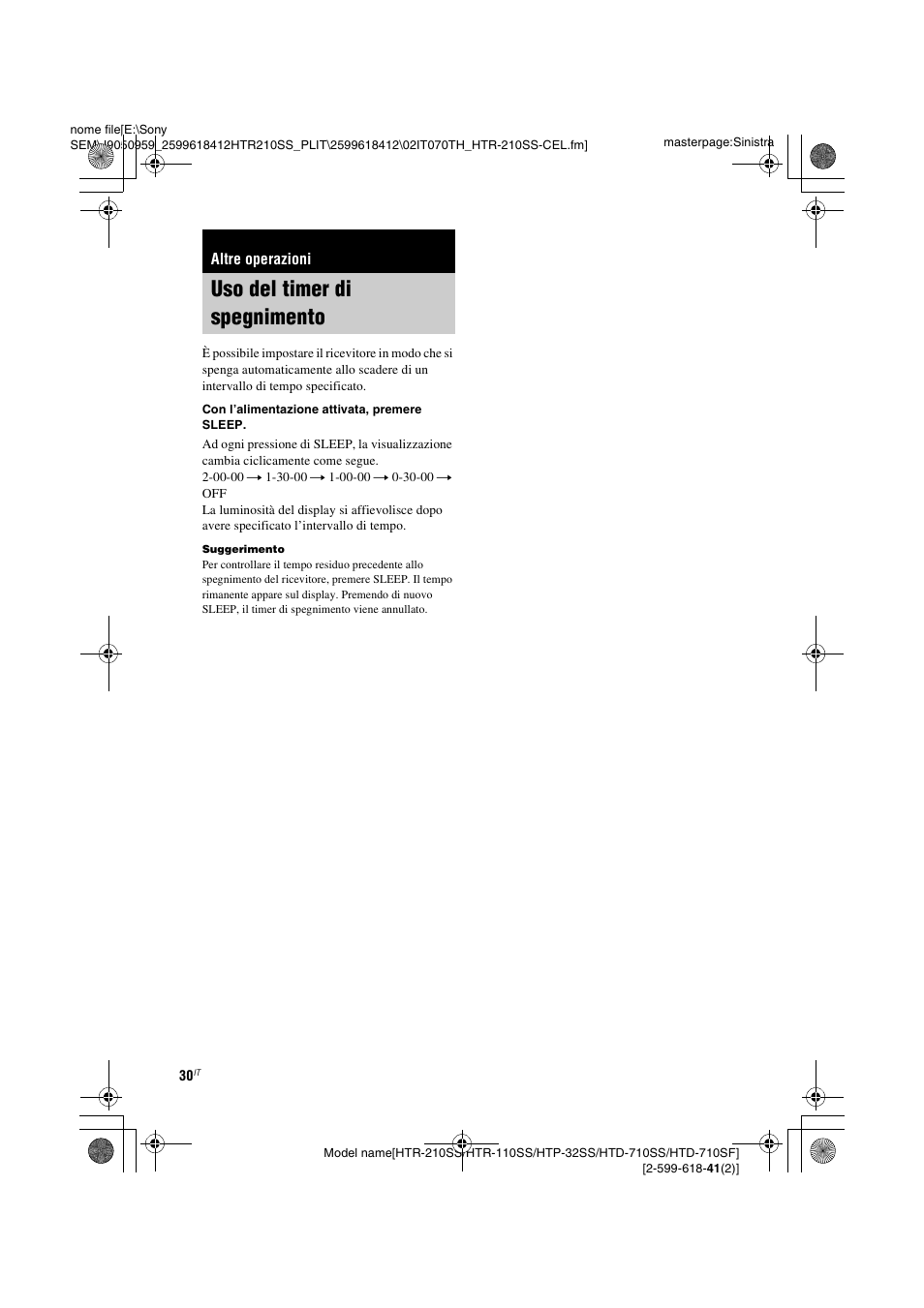 Altre operazioni, Uso del timer di spegnimento | Sony HTD-710SF User Manual | Page 76 / 92