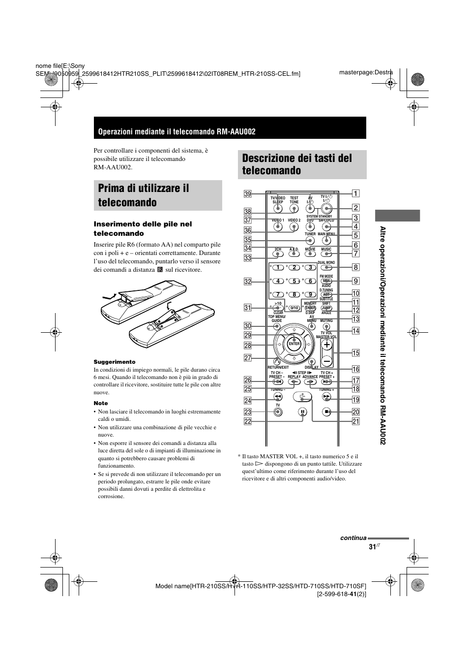 Operazioni mediante il telecomando rm-aau002, Prima di utilizzare il telecomando, Descrizione dei tasti del telecomando | Telecomando | Sony HTD-710SF User Manual | Page 77 / 92