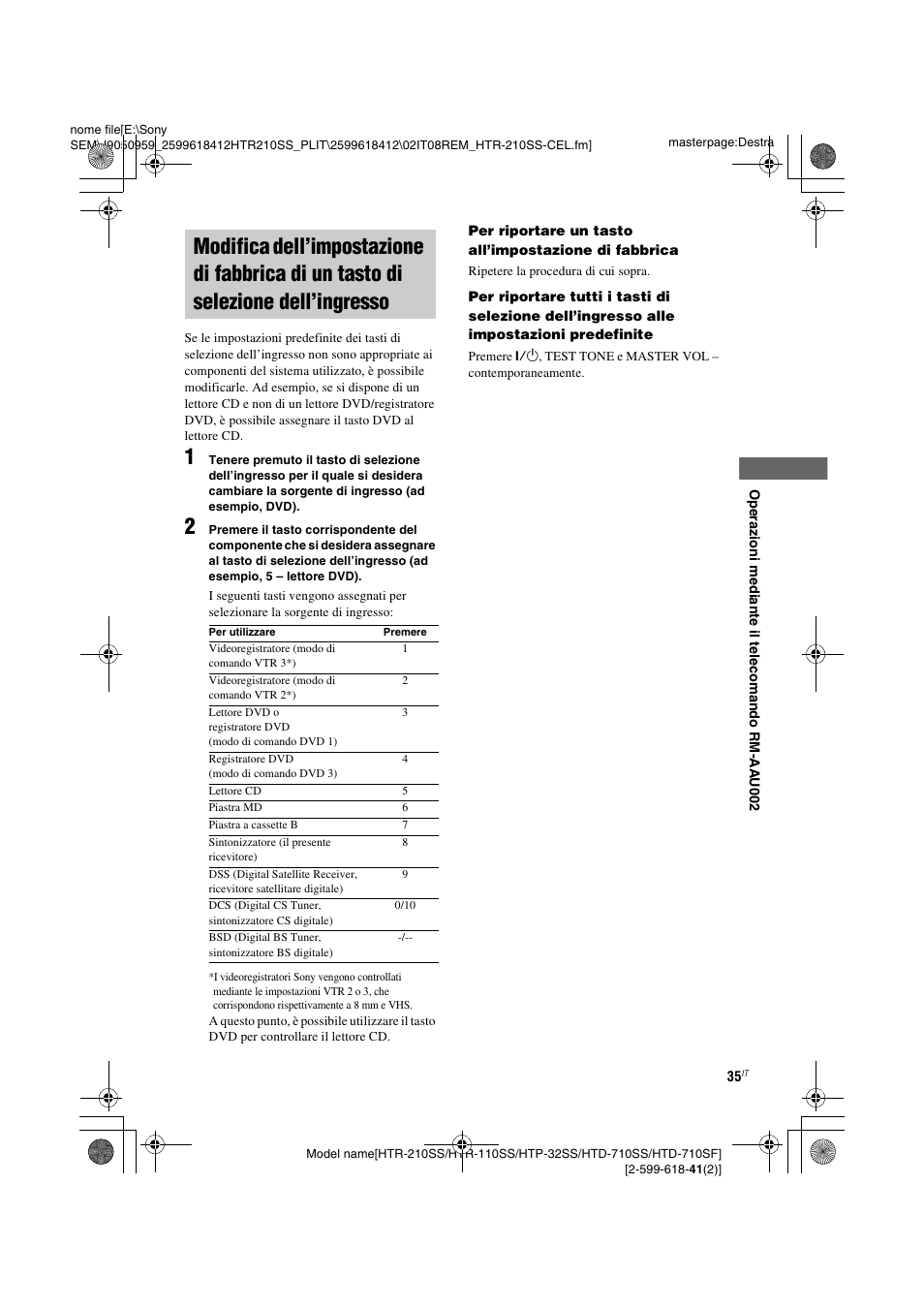 Modifica dell’impostazione di, Fabbrica di un tasto di selezione dell’ingresso | Sony HTD-710SF User Manual | Page 81 / 92