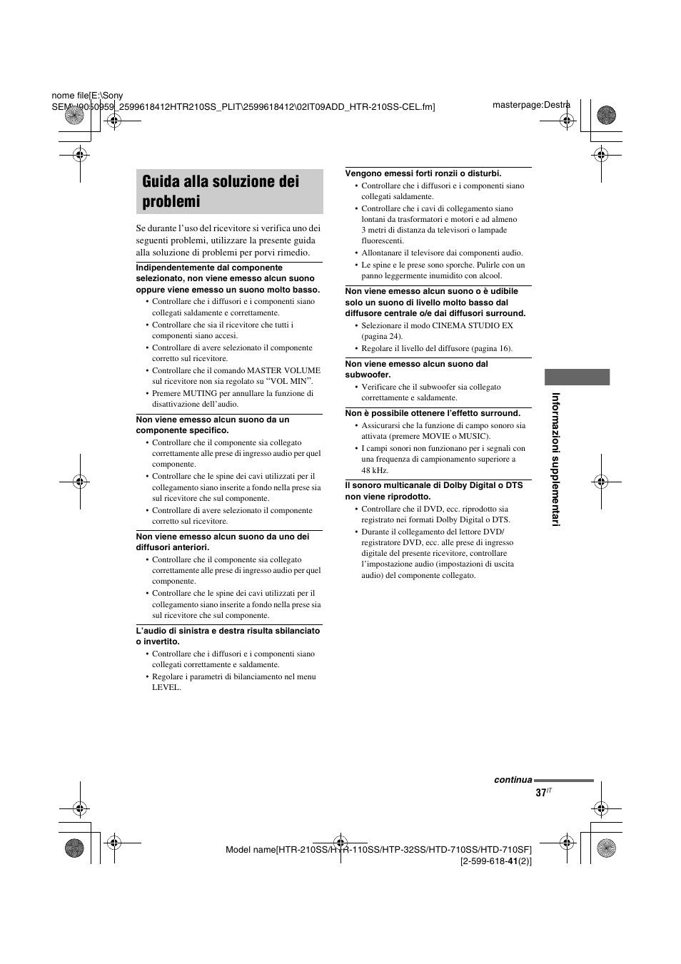 Guida alla soluzione dei problemi | Sony HTD-710SF User Manual | Page 83 / 92
