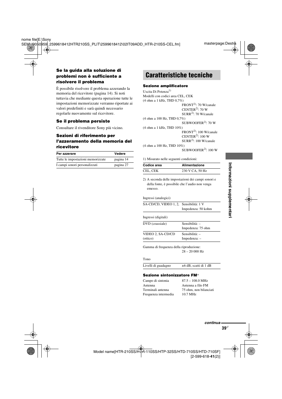Caratteristiche tecniche | Sony HTD-710SF User Manual | Page 85 / 92