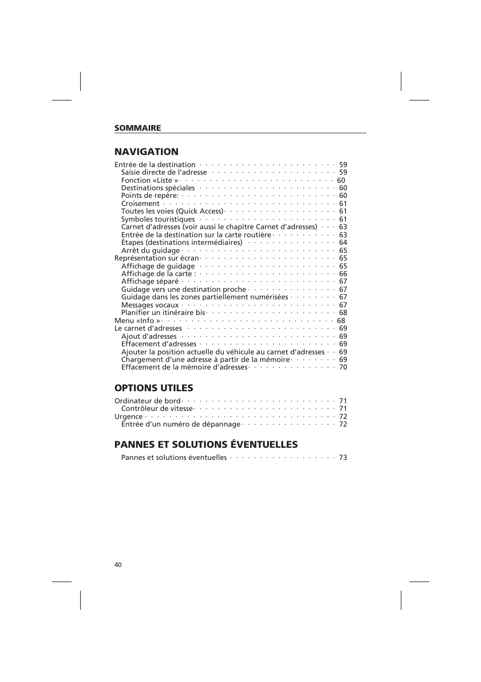 Navigation, Options utiles, Pannes et solutions éventuelles | Audiovox NPD 5500 User Manual | Page 39 / 113