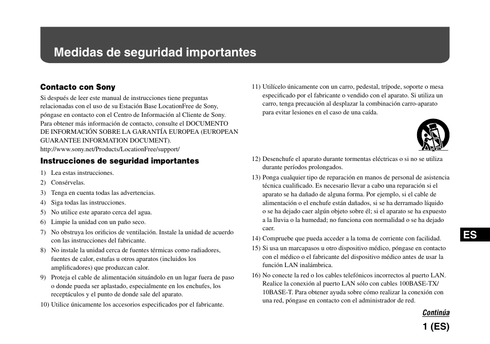 Medidas de seguridad importantes, 1 (es) | Sony LF-PK1 User Manual | Page 125 / 155