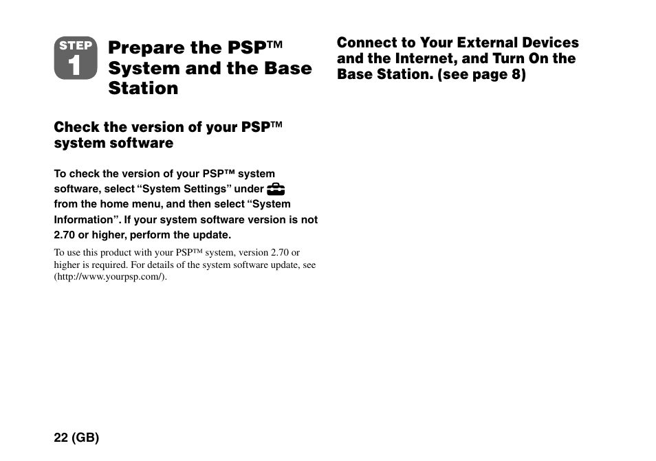 Step1 prepare the psp™ system and the base station, Prepare the psp™ system and the base station | Sony LF-PK1 User Manual | Page 26 / 155