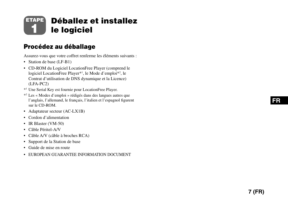 Etape1 déballez et installez le logiciel, Déballez et installez le logiciel, Procédez au déballage | Sony LF-PK1 User Manual | Page 41 / 155