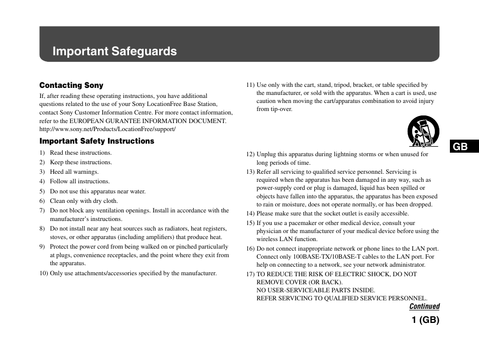 Important safeguards, 1 (gb) | Sony LF-PK1 User Manual | Page 5 / 155