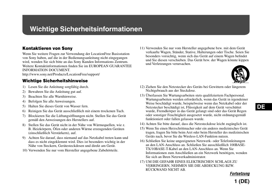 Wichtige sicherheitsinformationen, 1 (de) | Sony LF-PK1 User Manual | Page 65 / 155