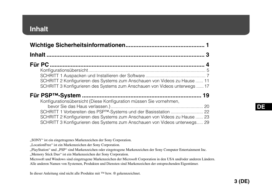 Inhalt, Wichtige sicherheitsinformationen inhalt für pc, Für psp™-system | Sony LF-PK1 User Manual | Page 67 / 155