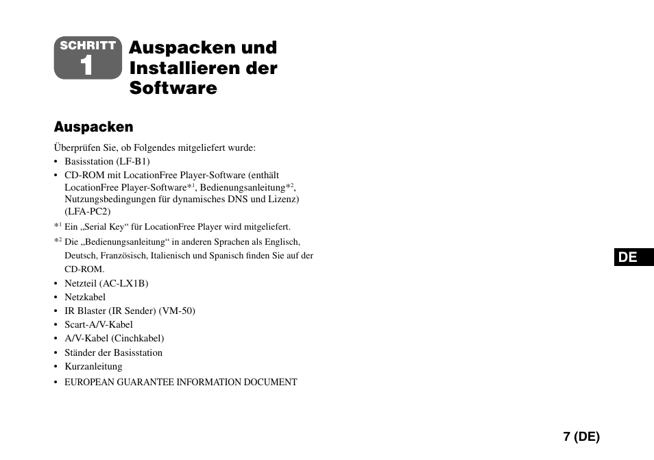 Schritt1 auspacken und installieren der software, Schritt 1 auspacken und installieren der software, Auspacken und installieren der software | Auspacken | Sony LF-PK1 User Manual | Page 71 / 155