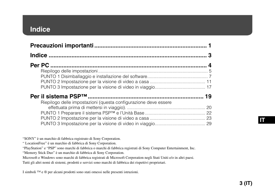 Indice, Precauzioni importanti indice per pc, Per il sistema psp | Sony LF-PK1 User Manual | Page 97 / 155
