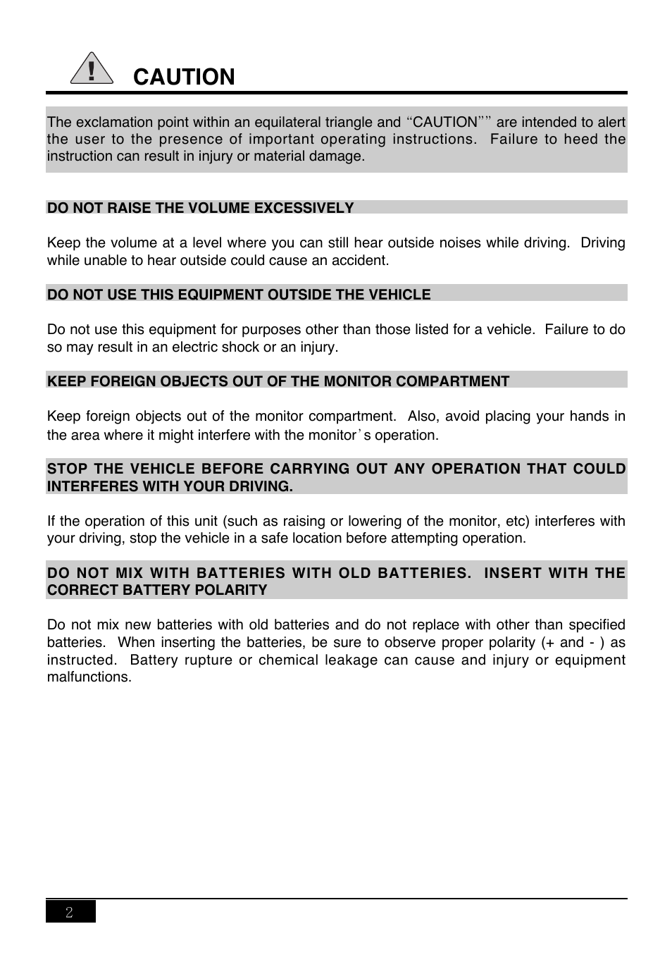 Caution | Audiovox PAV-9 User Manual | Page 4 / 36