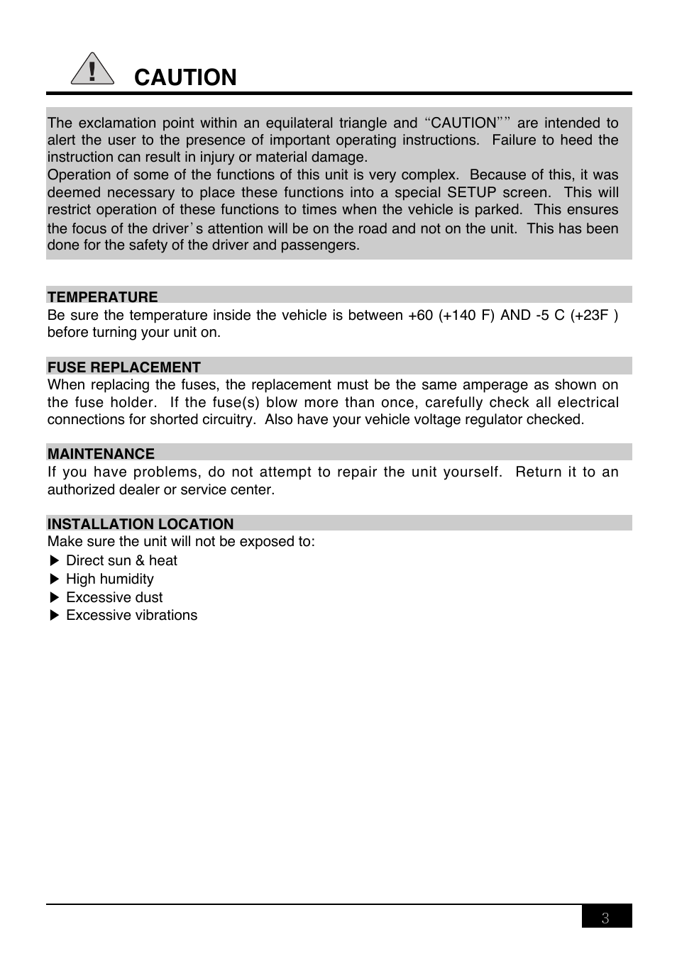 Caution | Audiovox PAV-9 User Manual | Page 5 / 36
