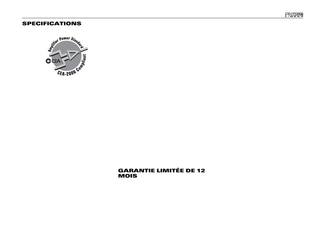 Specifications, Garantie limitée de 12 mois | Audiovox UV7 User Manual | Page 91 / 92
