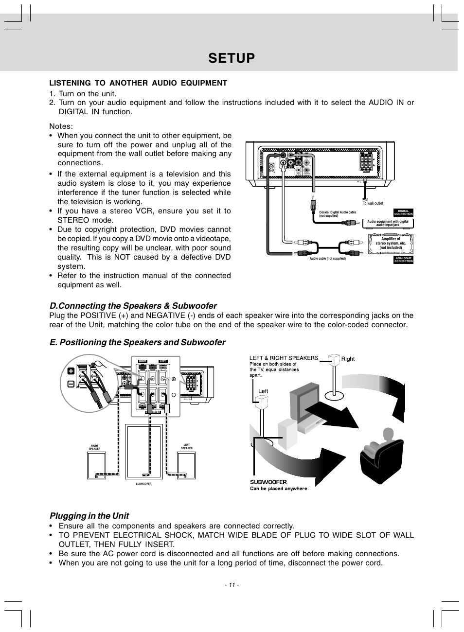 Setup, Plugging in the unit, Digital audio out audio in | Component video out, Video in, Video out audio out digital audio out audio in, Left right subwoofer | Audiovox DV 7300 User Manual | Page 12 / 24