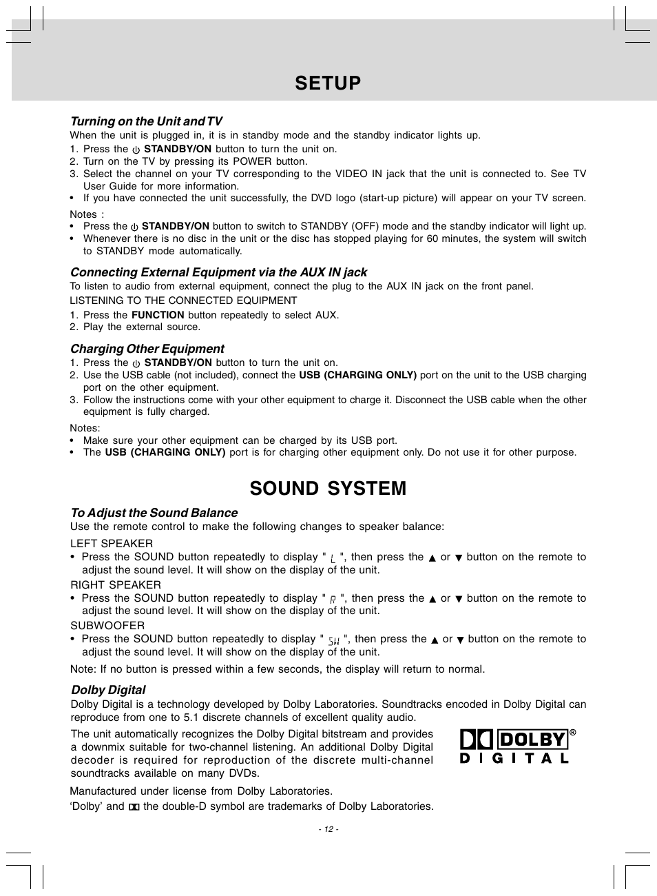 Setup, Sound system | Audiovox DV 7300 User Manual | Page 13 / 24