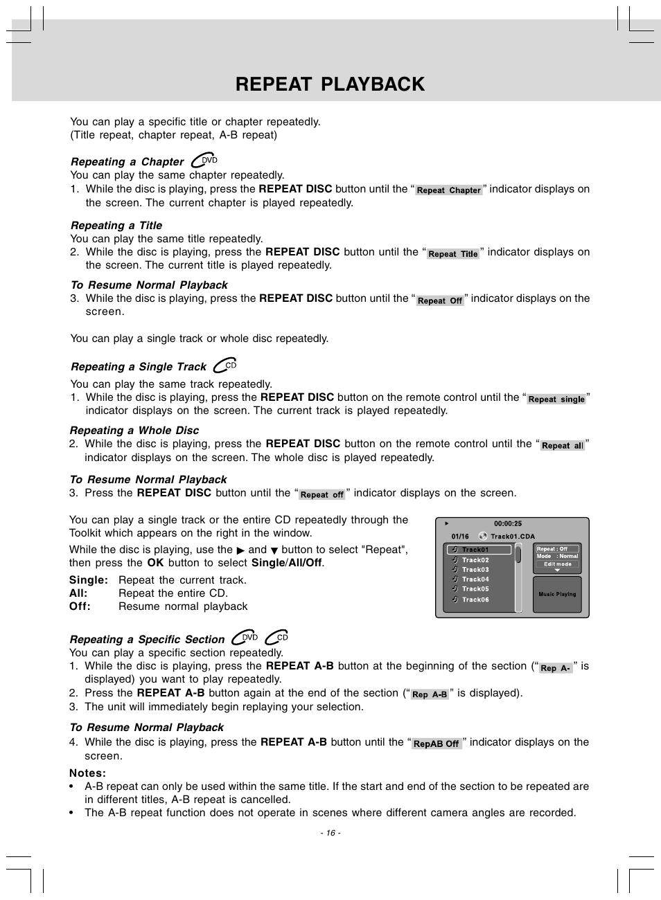 Repeat playback | Audiovox DV 7300 User Manual | Page 17 / 24