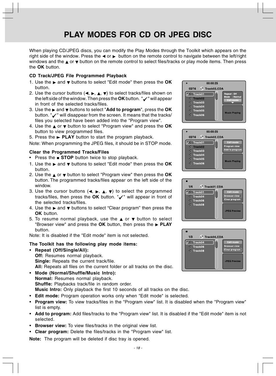 Play modes for cd or jpeg disc | Audiovox DV 7300 User Manual | Page 19 / 24