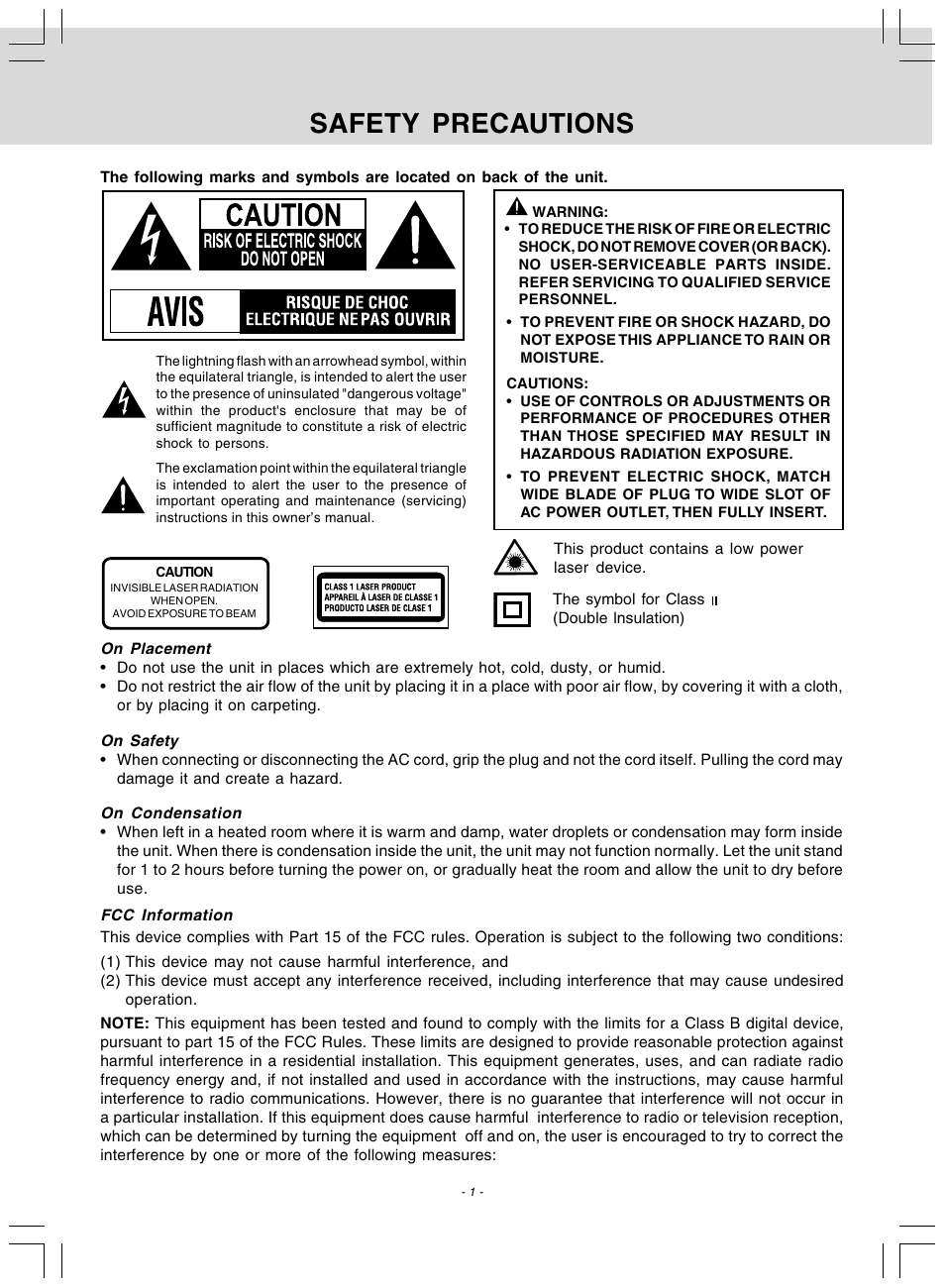 Safety precautions | Audiovox DV 7300 User Manual | Page 2 / 24