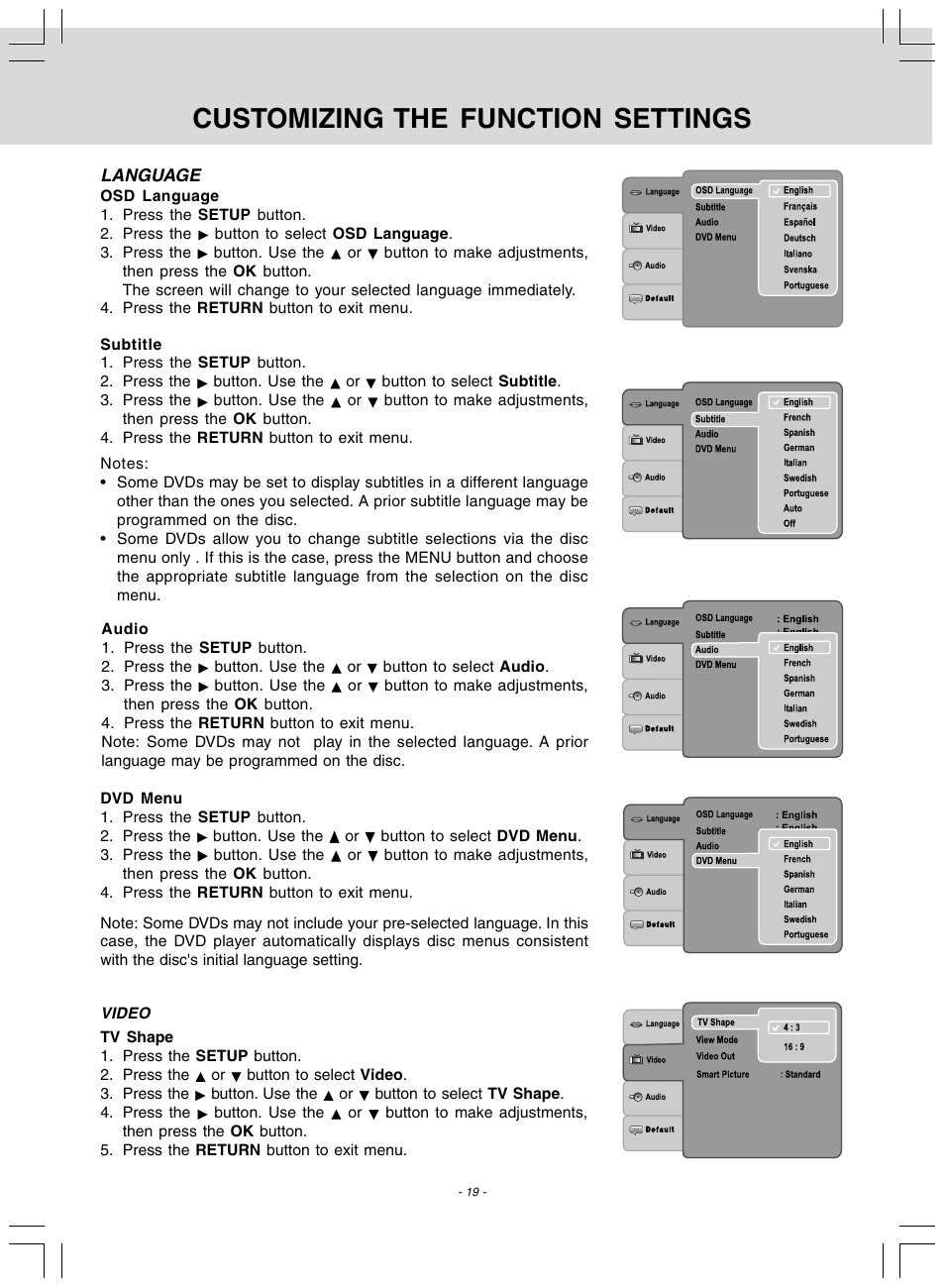 Customizing the function settings | Audiovox DV 7300 User Manual | Page 20 / 24