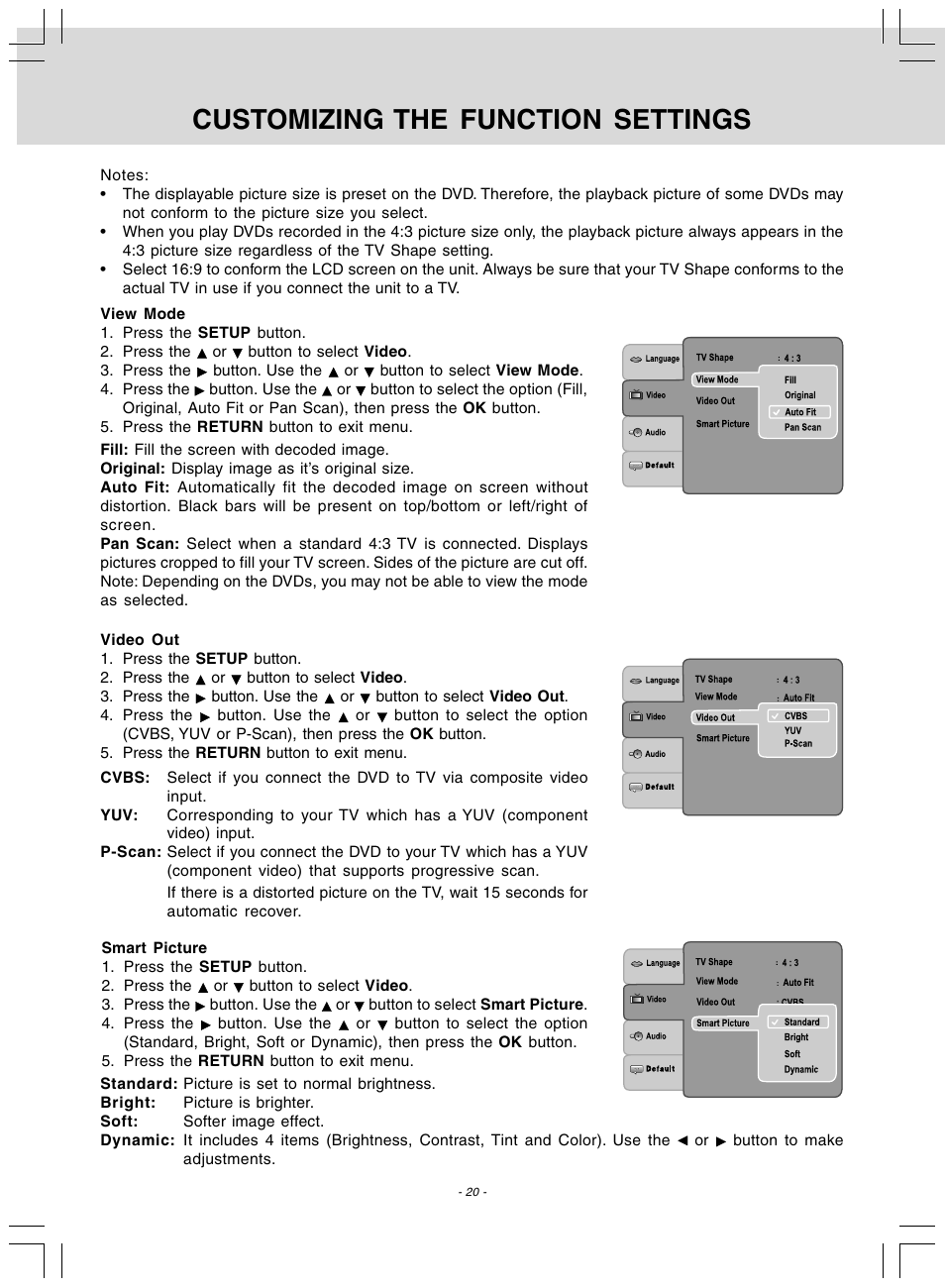 Customizing the function settings | Audiovox DV 7300 User Manual | Page 21 / 24