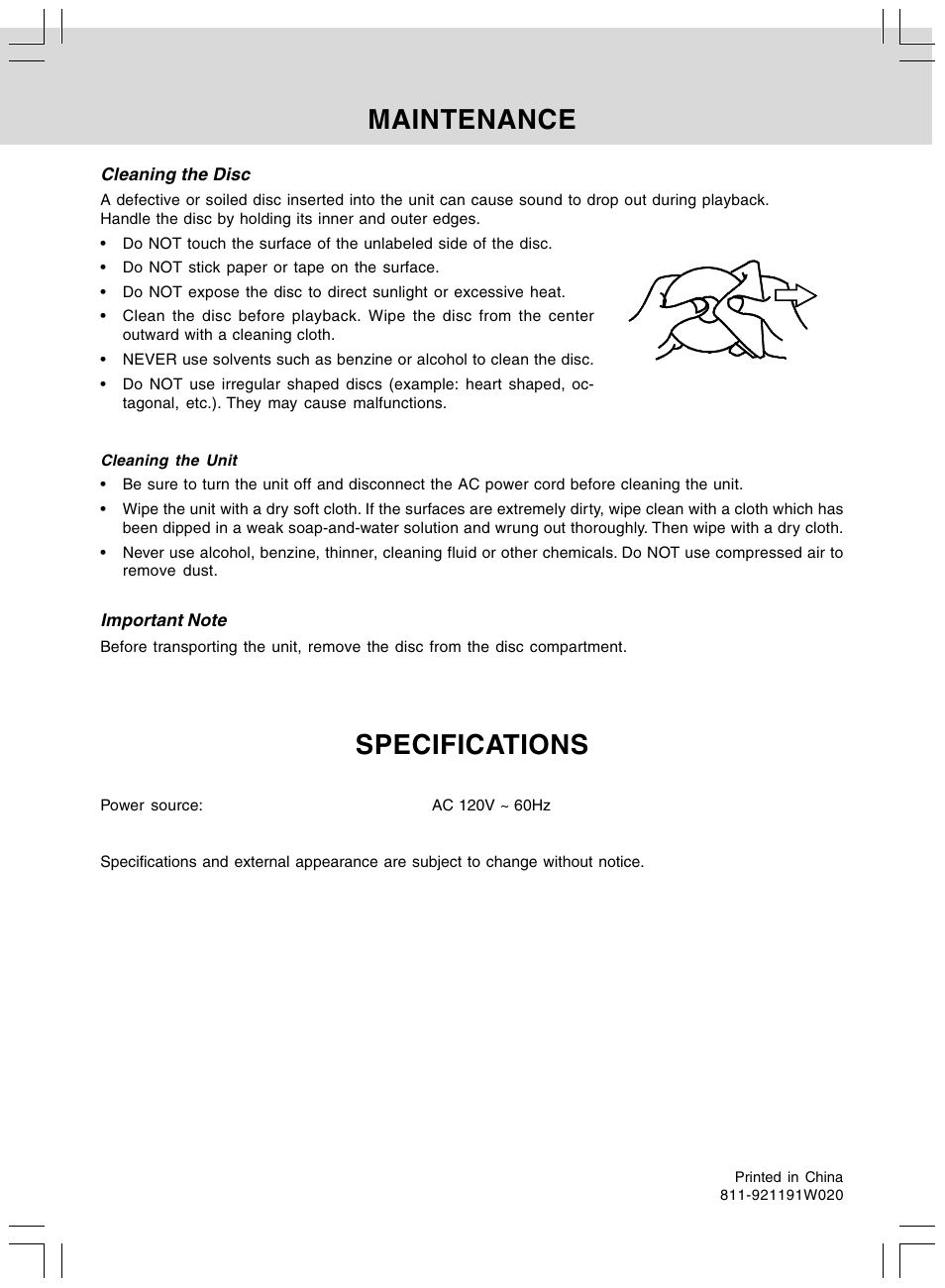 Maintenance, Specifications | Audiovox DV 7300 User Manual | Page 24 / 24