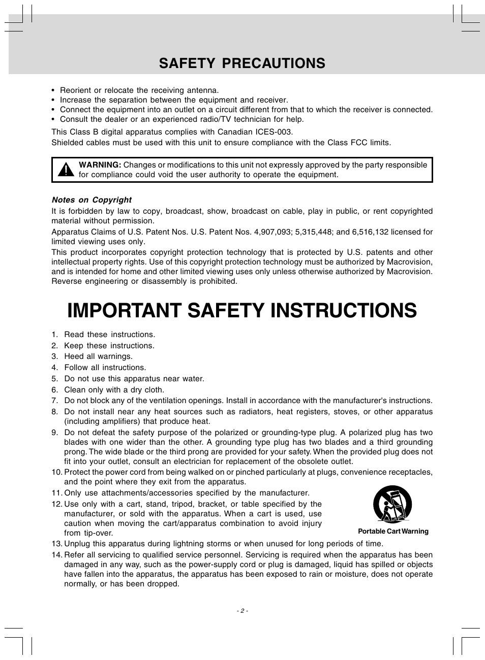 Important safety instructions, Safety precautions | Audiovox DV 7300 User Manual | Page 3 / 24