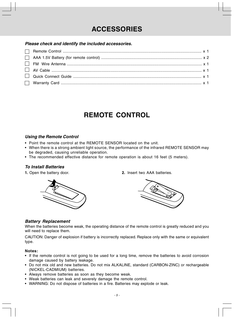 Remote control, Accessories | Audiovox DV 7300 User Manual | Page 6 / 24