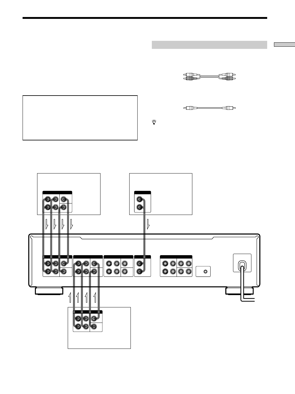 Additional audio hookups, Cables requeridos, Conexión de los componentes | Cables de audio (3 cables suministrados), Cables de audio monoaurales (no suministrados) | Sony TA-P9000ES User Manual | Page 22 / 91