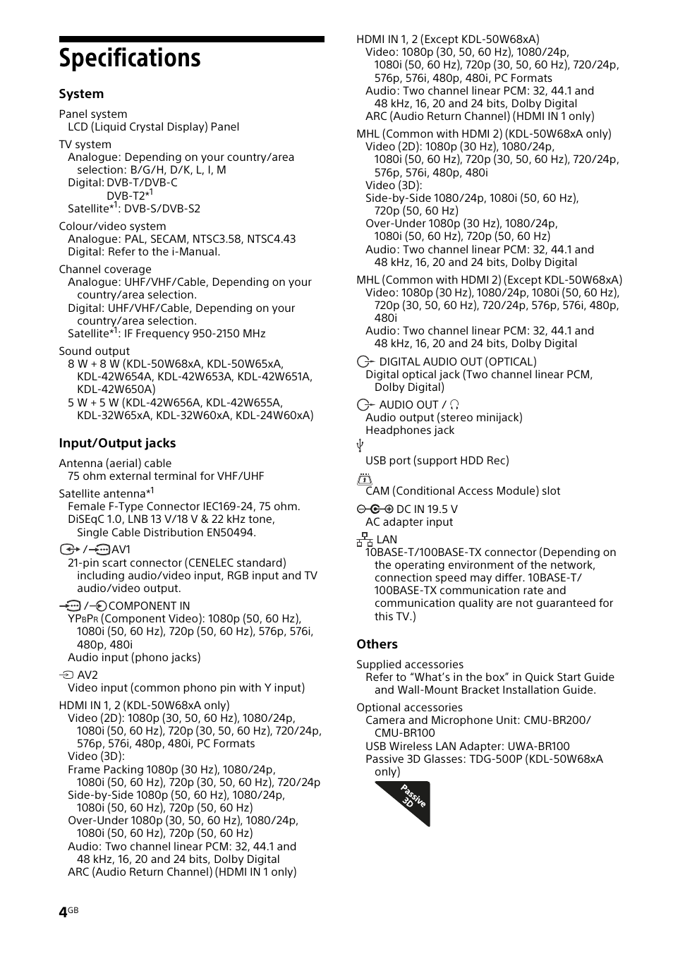 Specifications | Sony KDL-32W653A User Manual | Page 4 / 124