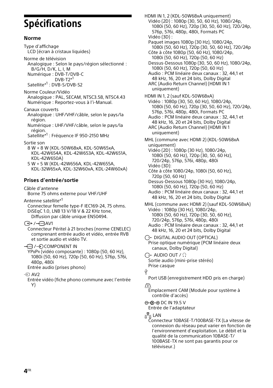 Spécifications | Sony KDL-32W653A User Manual | Page 8 / 124